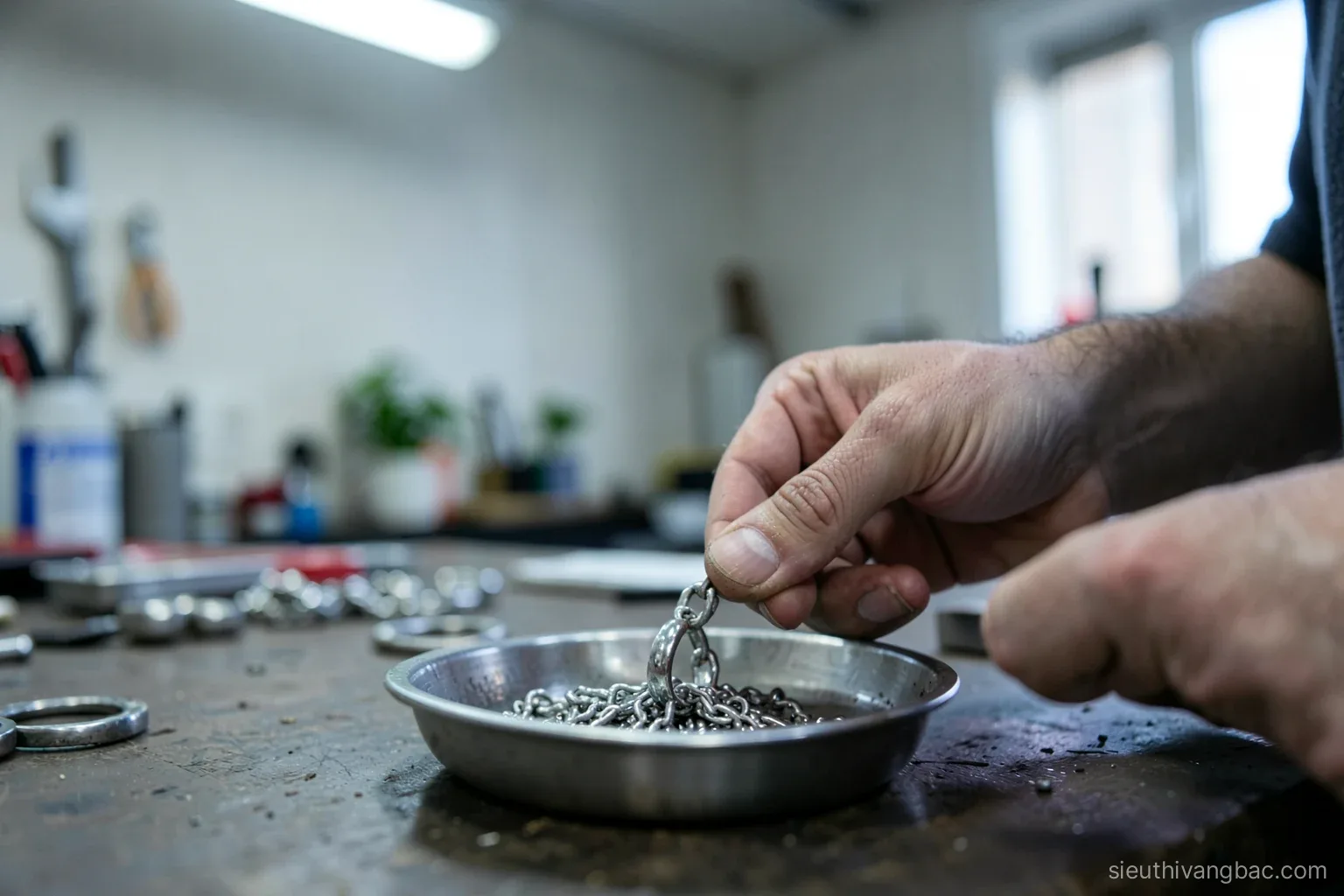 Workshop scene of a mechanic's hands placing a silver ring and chain into a small metal tray on a workbench before work, tools blurred behind, cool fluorescent light
