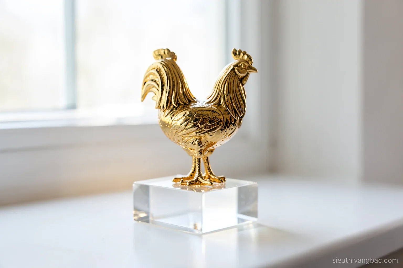 Gold-plated rooster figurine on a clear glass block base, backlit on a white windowsill so light passes through the glass, viewed from slightly below, clean minimal background
