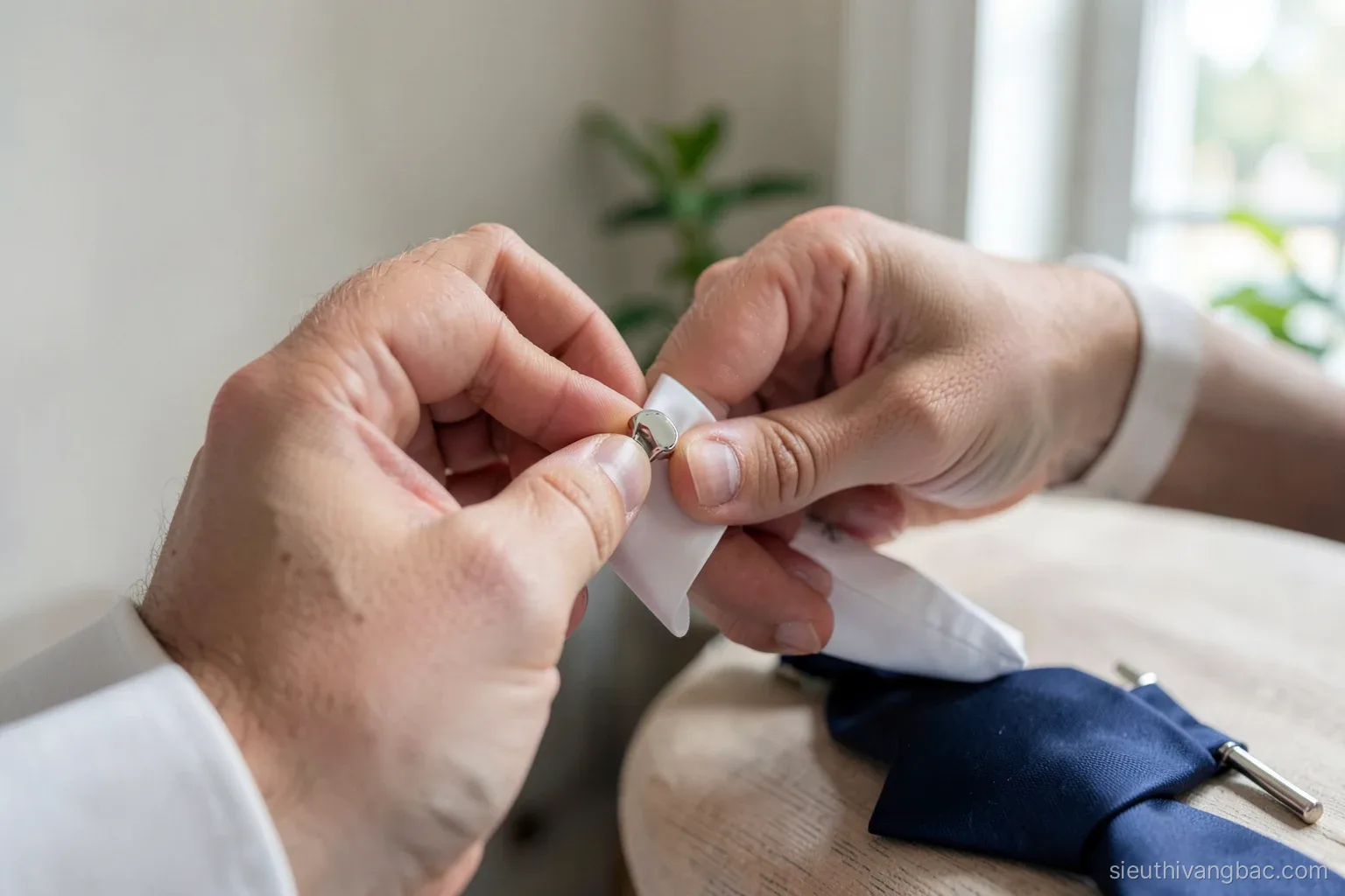 Close-up of hands fastening a silver cufflink through a crisp white double cuff, a slim silver tie bar resting on a navy tie nearby, soft window light