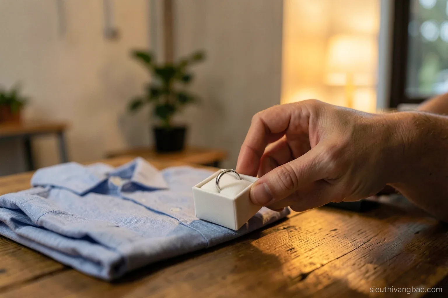 A woman's hands placing a small open box with a plain silver ring on a wooden table beside folded men's shirt, warm evening lamp light, soft focus