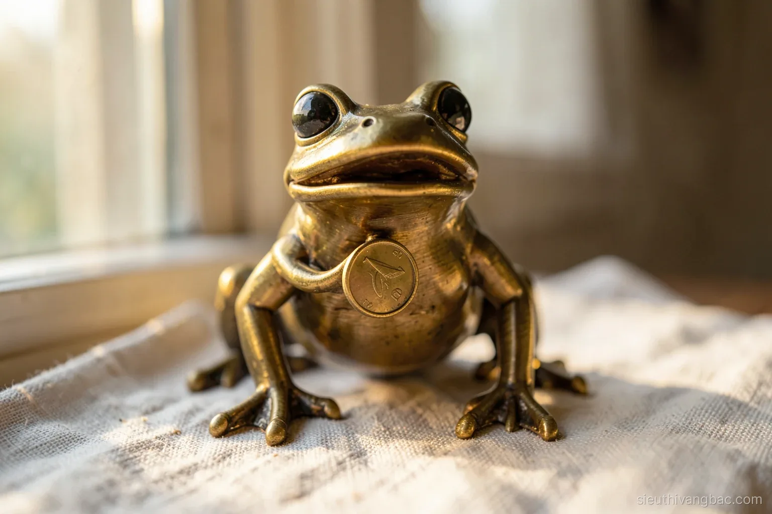 Low angle close-up of a three-legged toad figurine in brushed brass holding a round coin in its mouth, resting on a linen cloth beside a window, warm afternoon light
