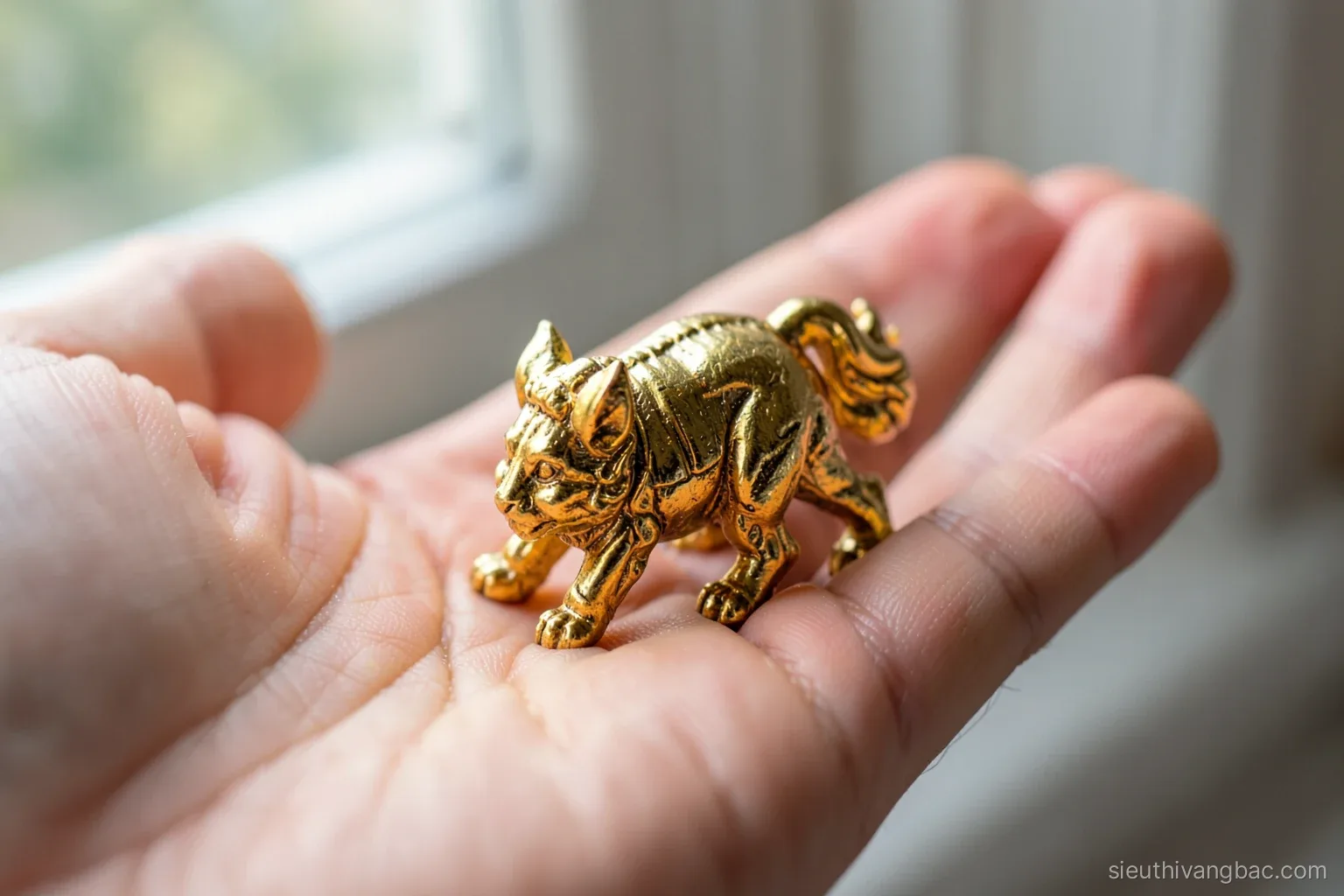 Macro shot of a thumb-sized gold-plated mythical creature figurine resting in an open palm by a window, fine casting seam visible along its back, soft daylight