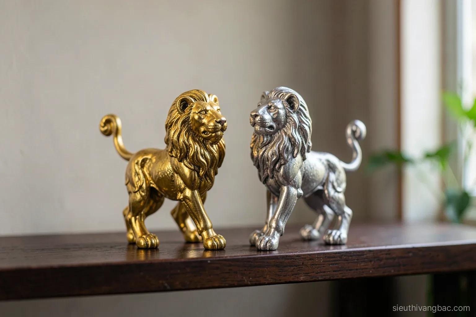 Pair of small golden and silvery mythical lion-like figurines with curled tails standing on a dark wooden shelf, side light revealing cast details, shallow depth of field